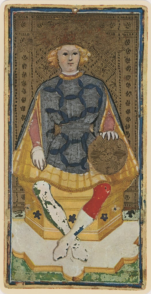 Der König der Münzen, Faksimile einer Tarotkarte vom ViscontiDeck, 144147